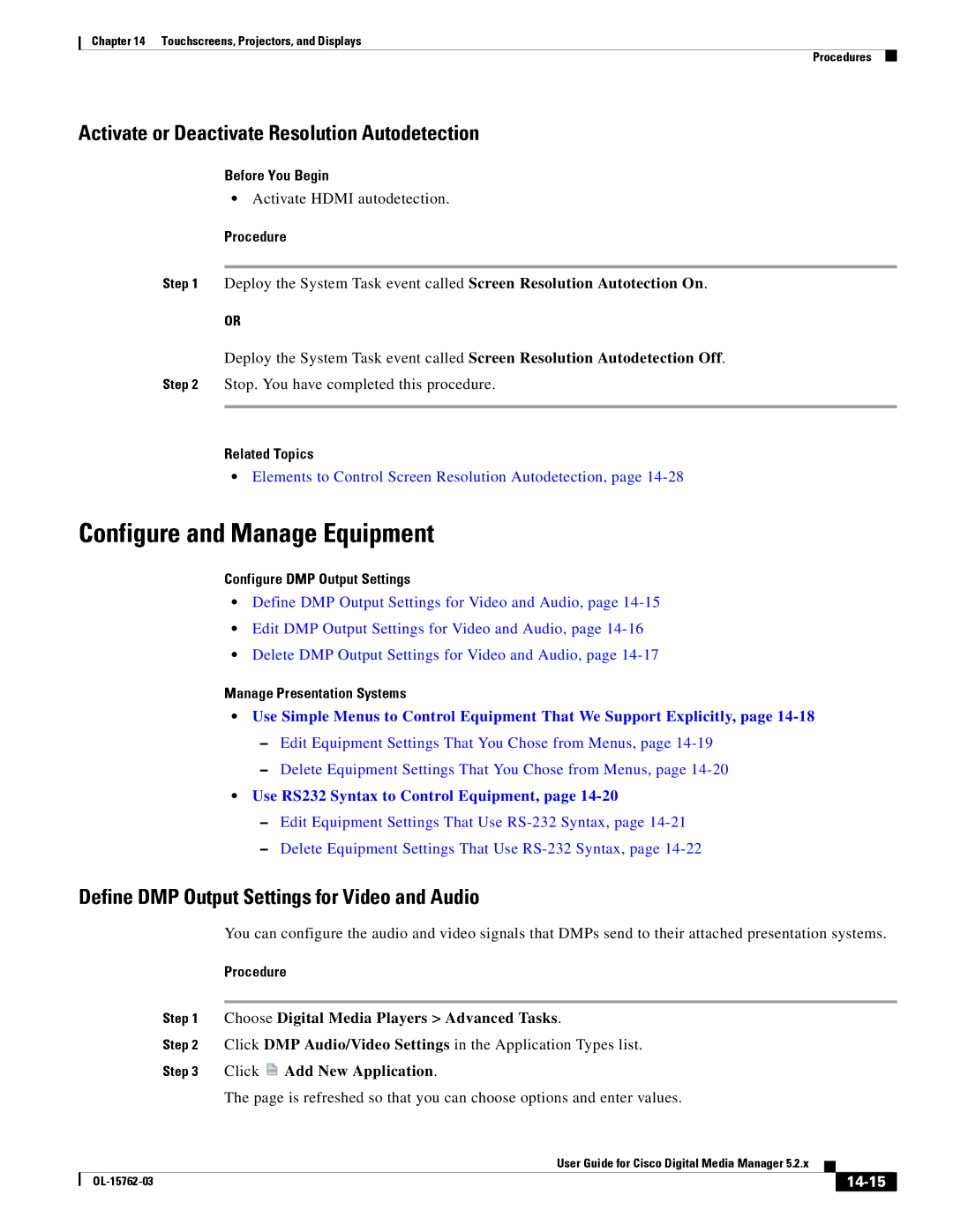 Cisco Systems 5.2.x manual Configure and Manage Equipment, Activate or Deactivate Resolution Autodetection, 14-15 