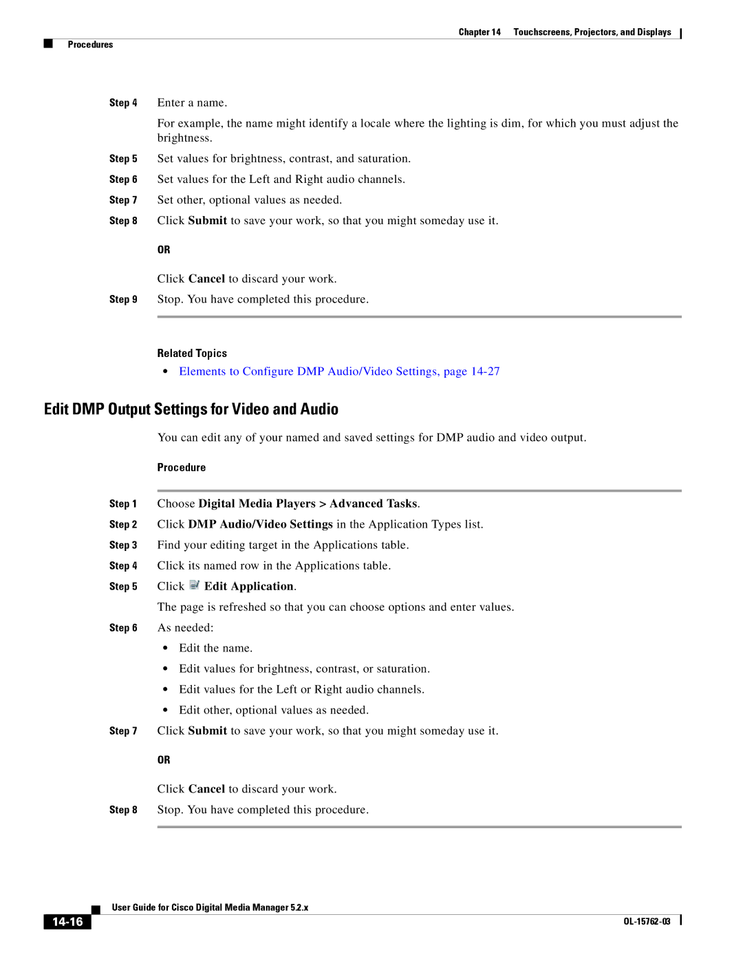 Cisco Systems 5.2.x manual Edit DMP Output Settings for Video and Audio, Edit Application, 14-16 