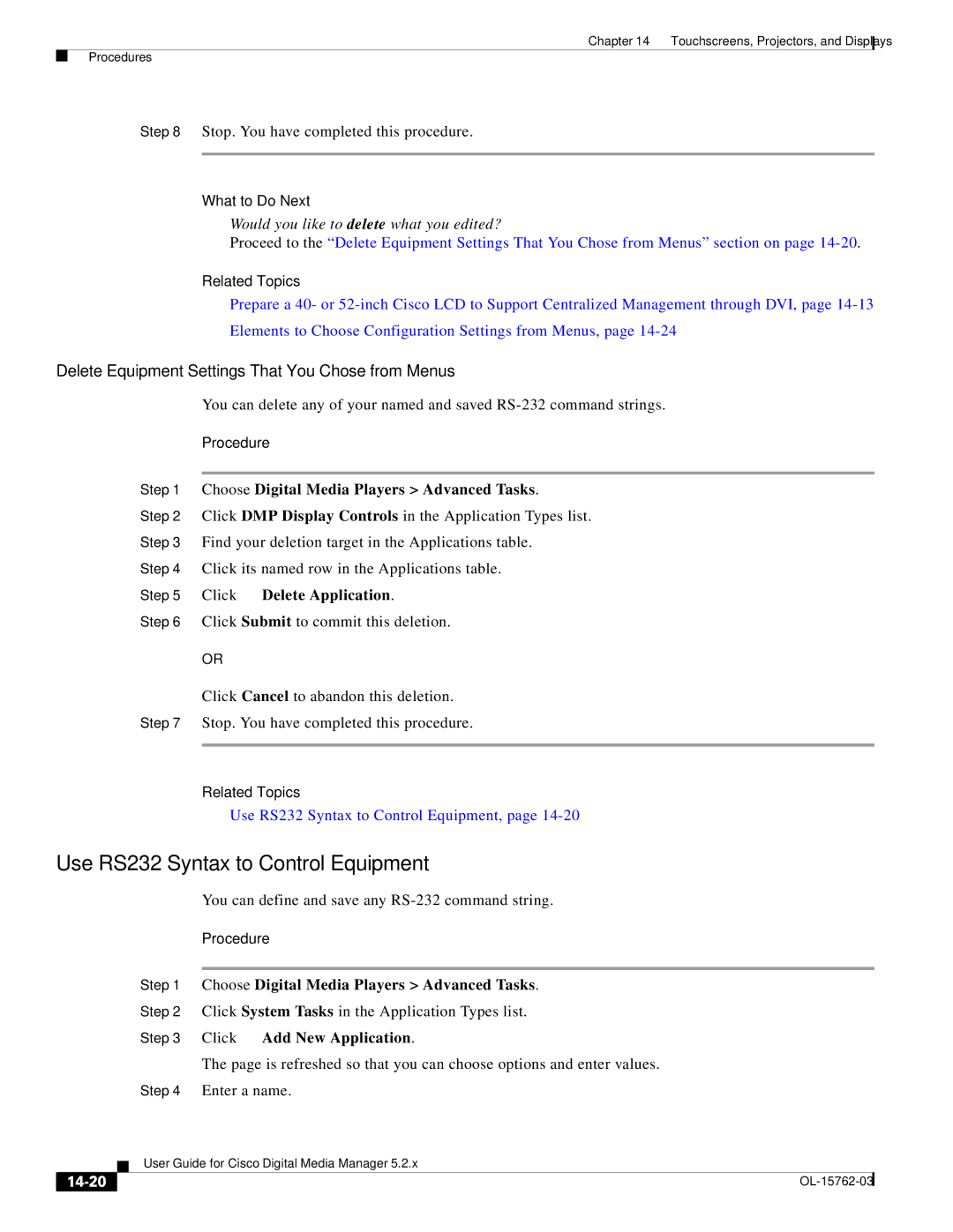 Cisco Systems 5.2.x Use RS232 Syntax to Control Equipment, Delete Equipment Settings That You Chose from Menus, 14-20 