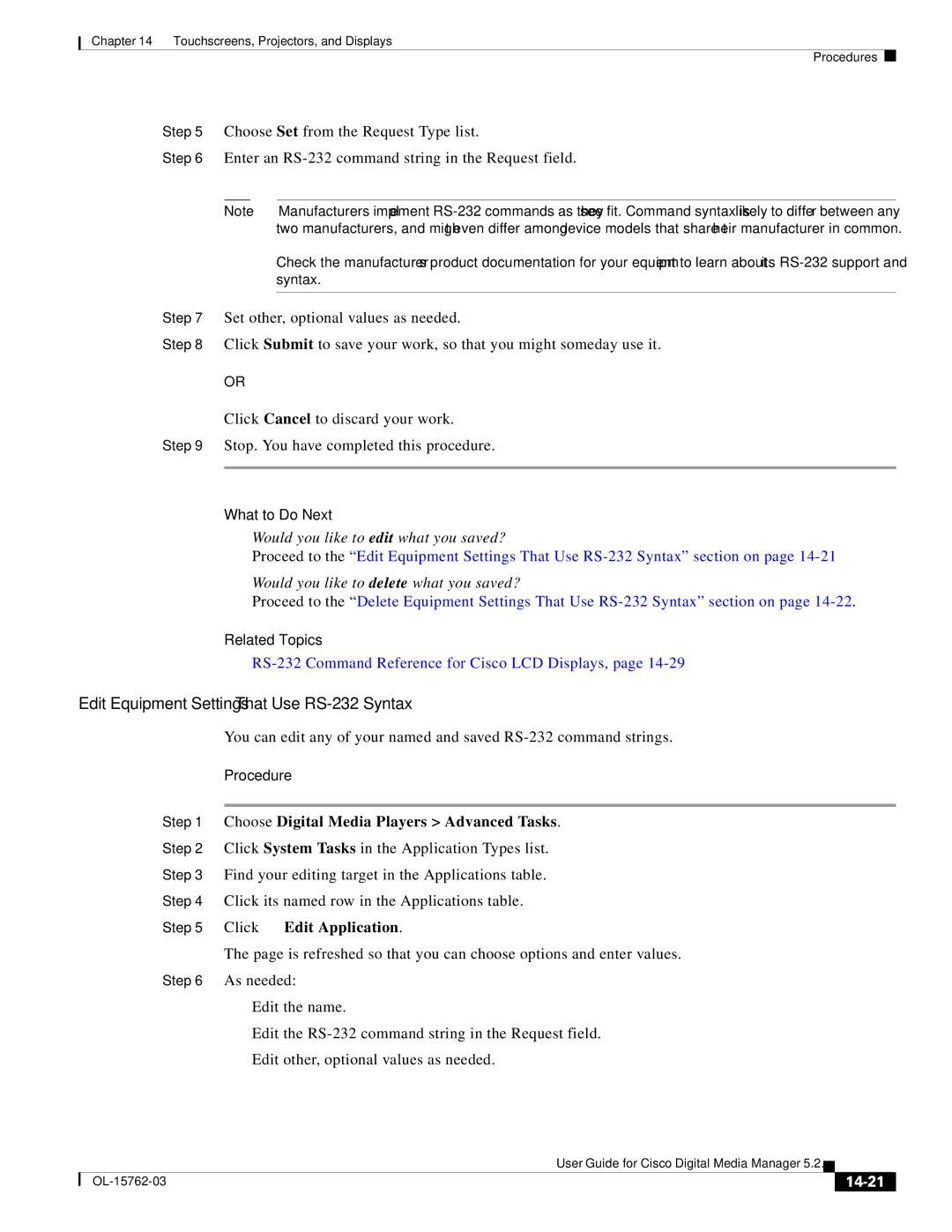 Cisco Systems 5.2.x Edit Equipment Settings That Use RS-232 Syntax, Enter an RS-232 command string in the Request field 