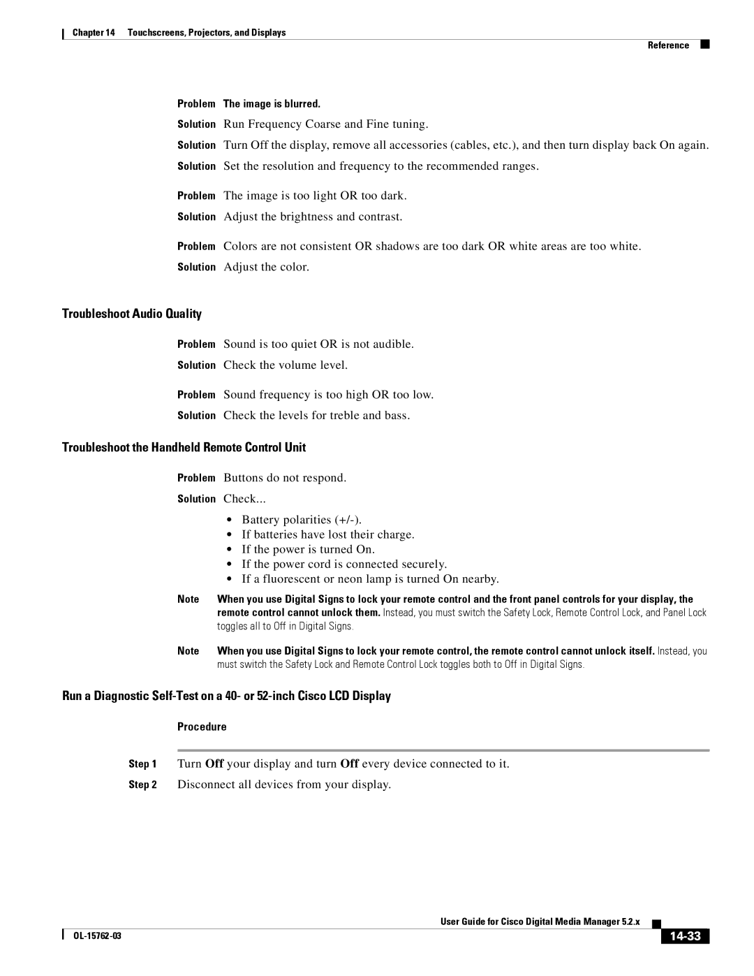 Cisco Systems 5.2.x manual Troubleshoot Audio Quality, Troubleshoot the Handheld Remote Control Unit, 14-33 