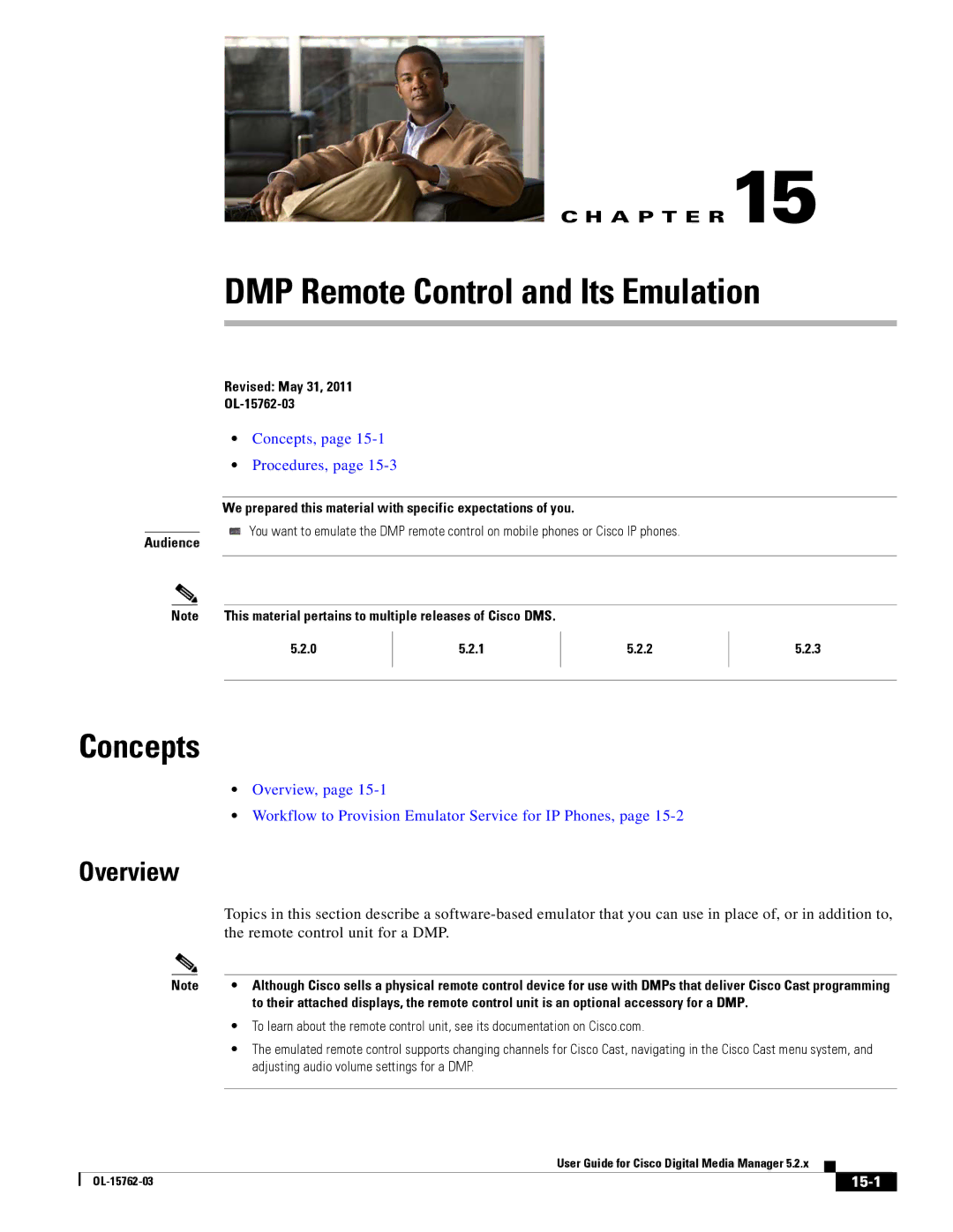 Cisco Systems 5.2.x manual DMP Remote Control and Its Emulation, Remote control unit for a DMP, 15-1 