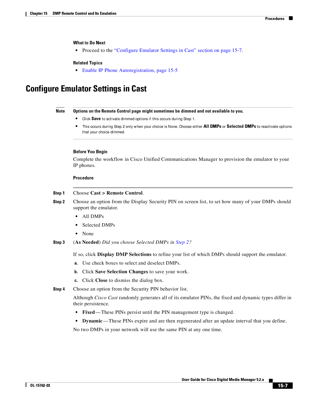 Cisco Systems 5.2.x manual Configure Emulator Settings in Cast, Choose Cast Remote Control, 15-7 