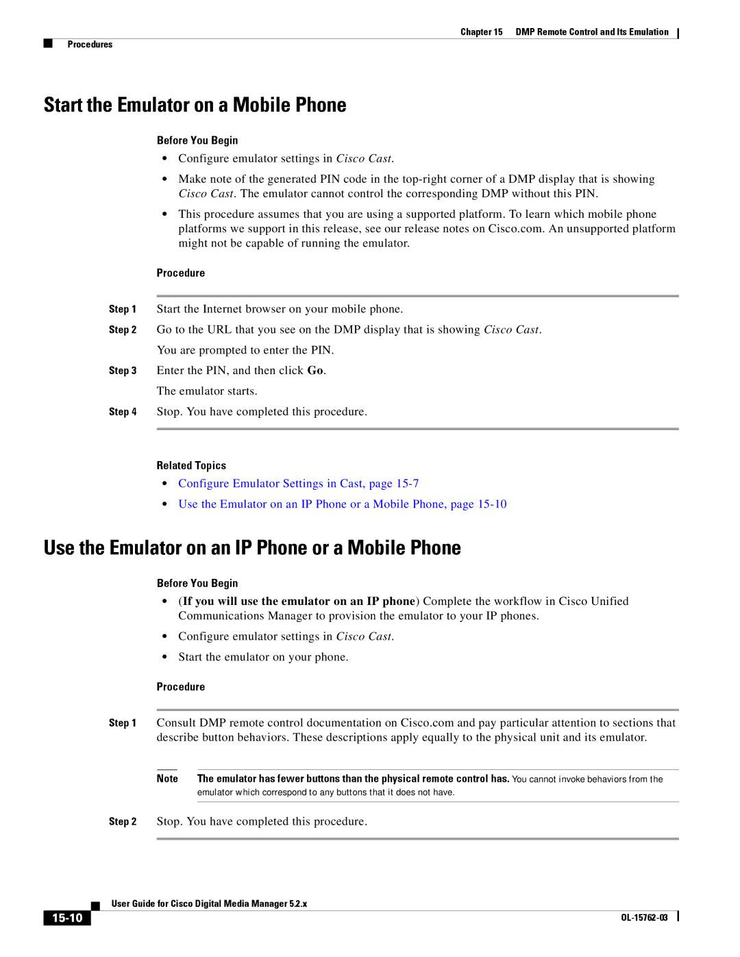 Cisco Systems 5.2.x manual Start the Emulator on a Mobile Phone, Use the Emulator on an IP Phone or a Mobile Phone, 15-10 