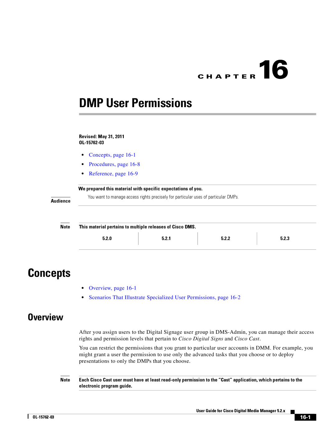 Cisco Systems 5.2.x DMP User Permissions, Presentations to only the DMPs that you choose, 16-1, Electronic program guide 