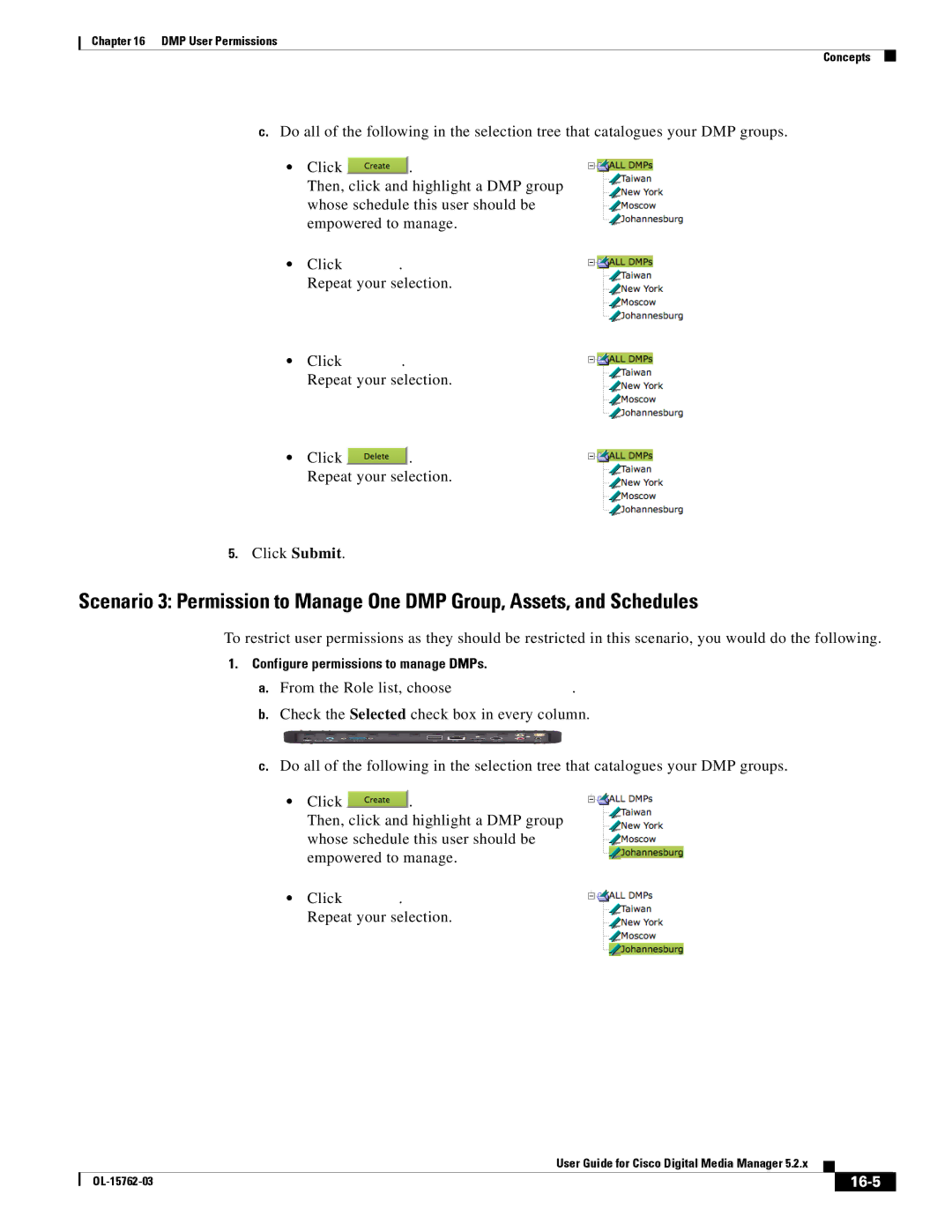 Cisco Systems 5.2.x manual 16-5, Configure permissions to manage DMPs 