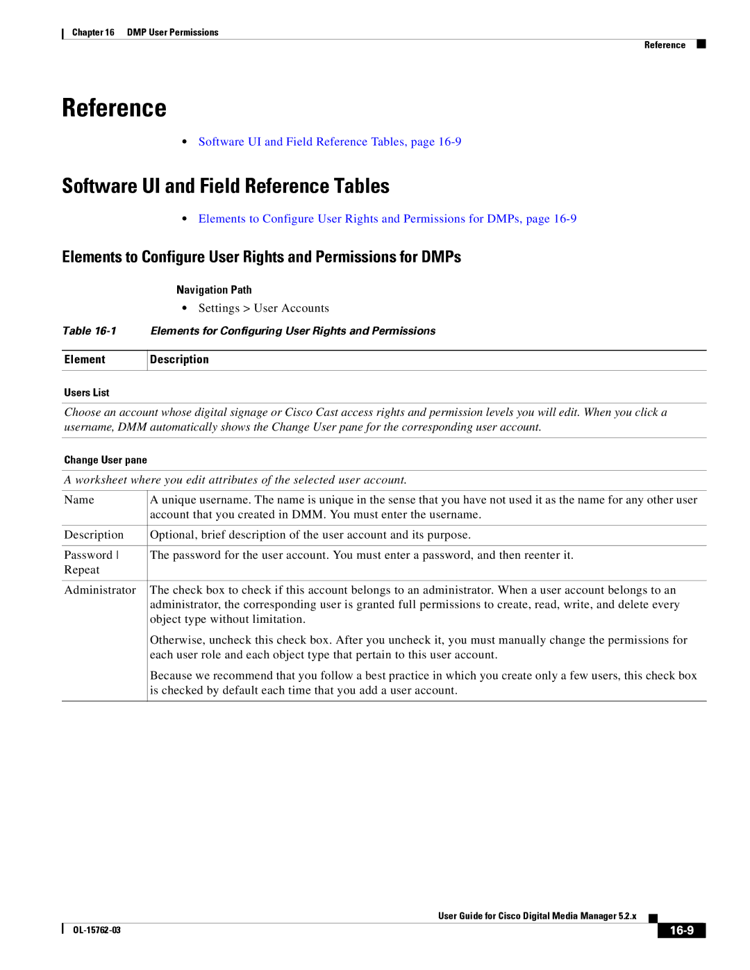 Cisco Systems 5.2.x Elements to Configure User Rights and Permissions for DMPs, Settings User Accounts, 16-9, Users List 