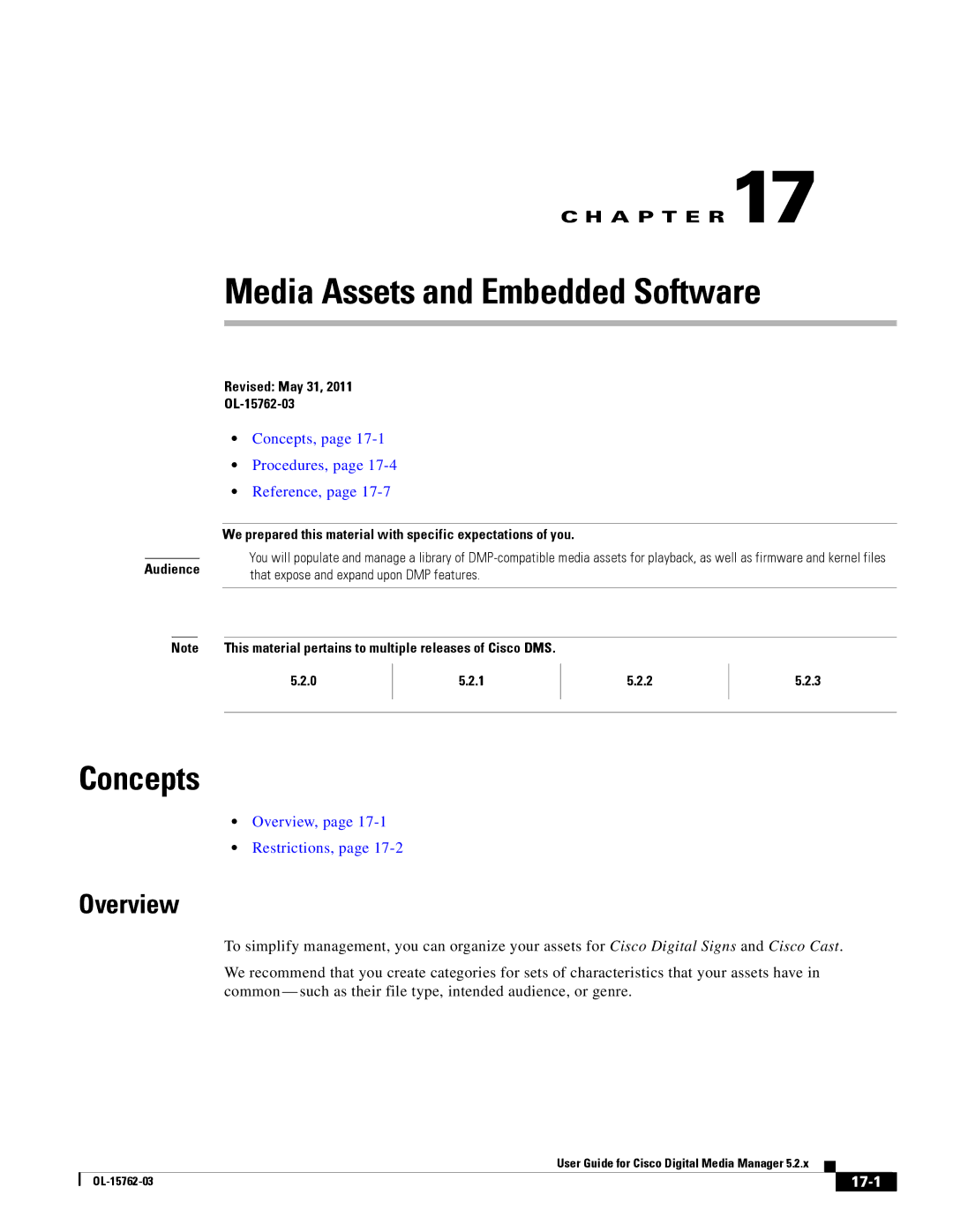 Cisco Systems 5.2.x manual Media Assets and Embedded Software, 17-1 