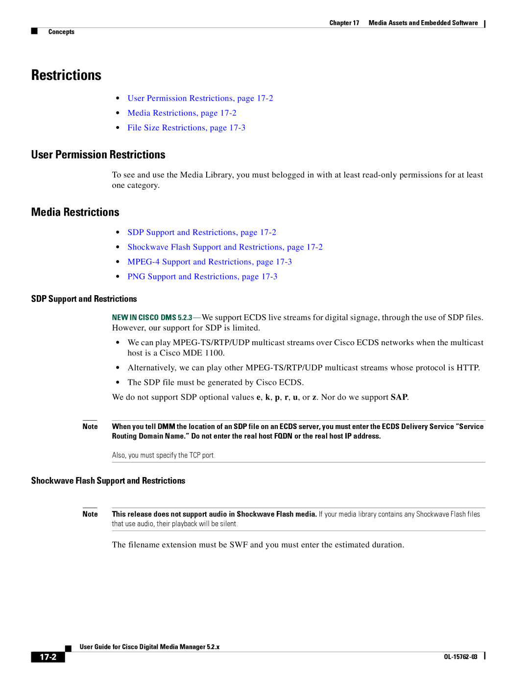 Cisco Systems 5.2.x manual User Permission Restrictions, Media Restrictions, SDP Support and Restrictions, 17-2 