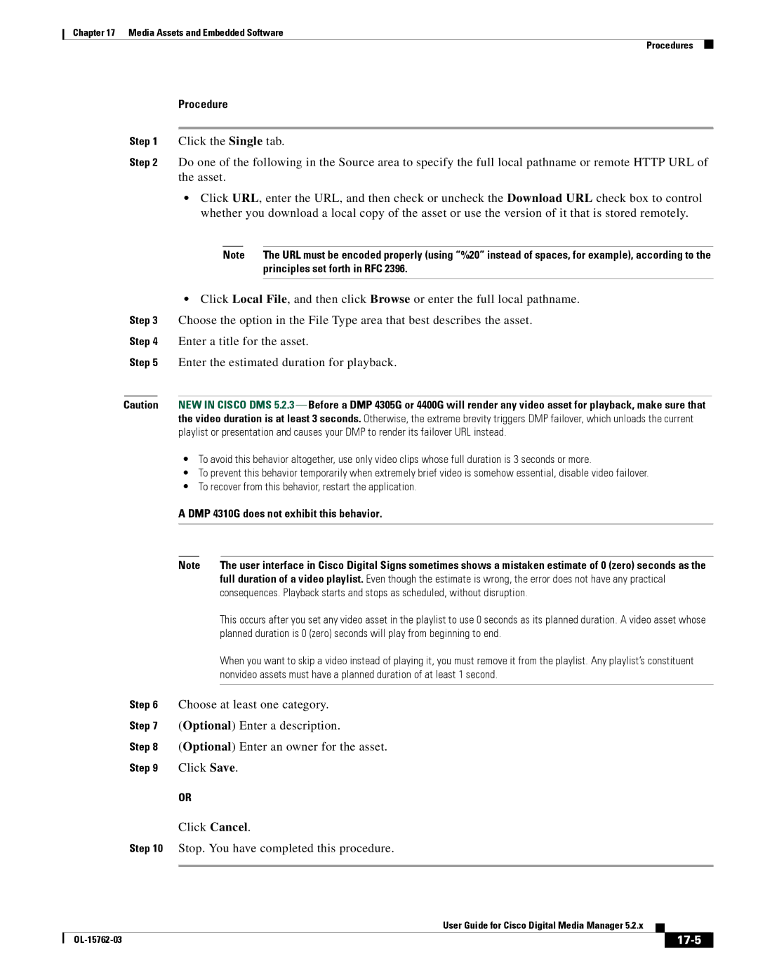 Cisco Systems 5.2.x manual Enter a title for the asset, Enter the estimated duration for playback, 17-5 