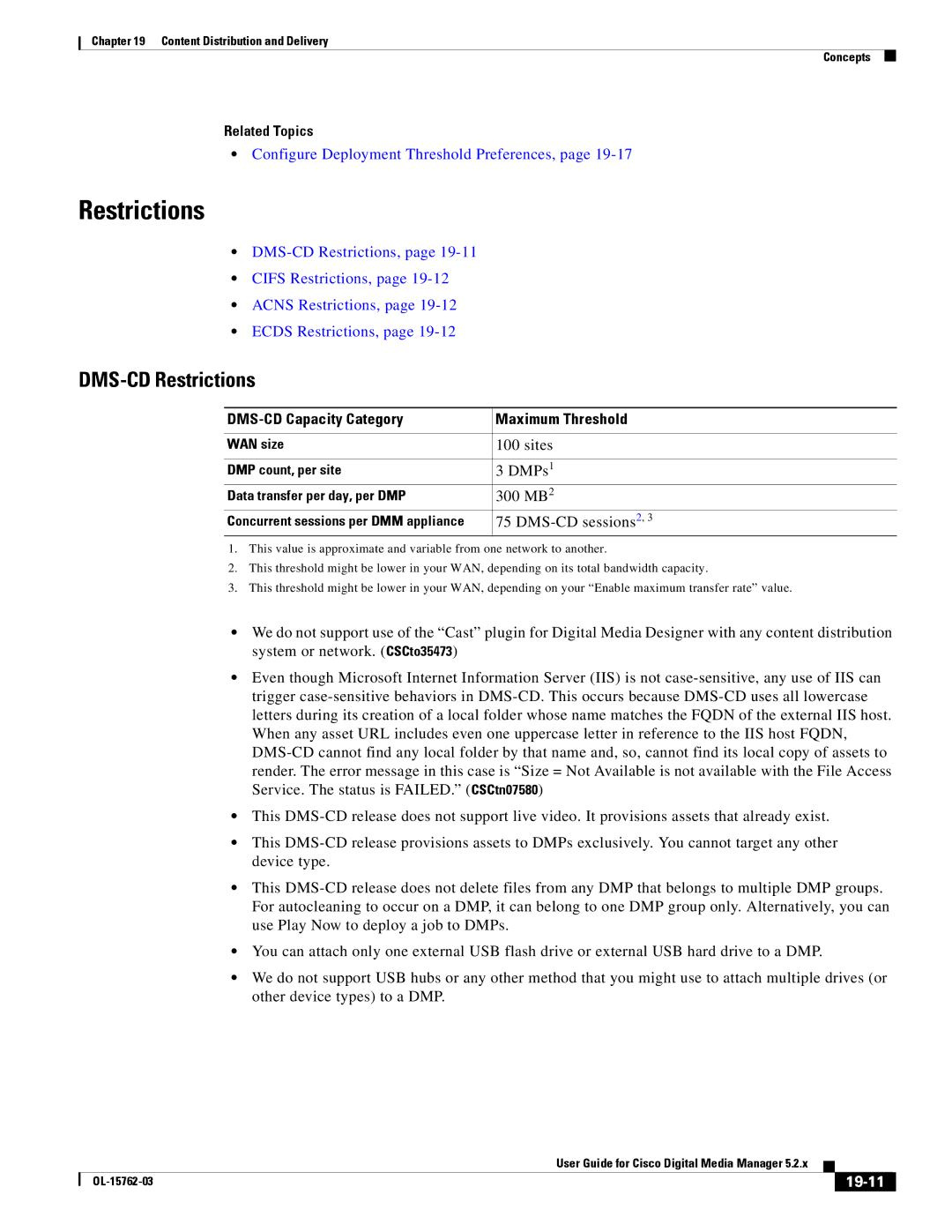 Cisco Systems 5.2.x manual DMS-CD Restrictions, DMS-CD Capacity Category Maximum Threshold, 19-11 