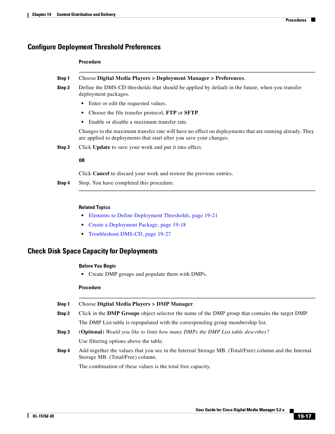 Cisco Systems 5.2.x manual Configure Deployment Threshold Preferences, Check Disk Space Capacity for Deployments, 19-17 