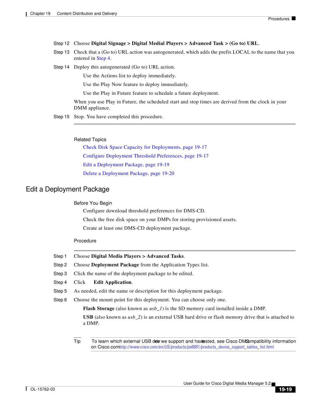 Cisco Systems 5.2.x manual Edit a Deployment Package, Create at least one DMS-CD deployment package, 19-19 