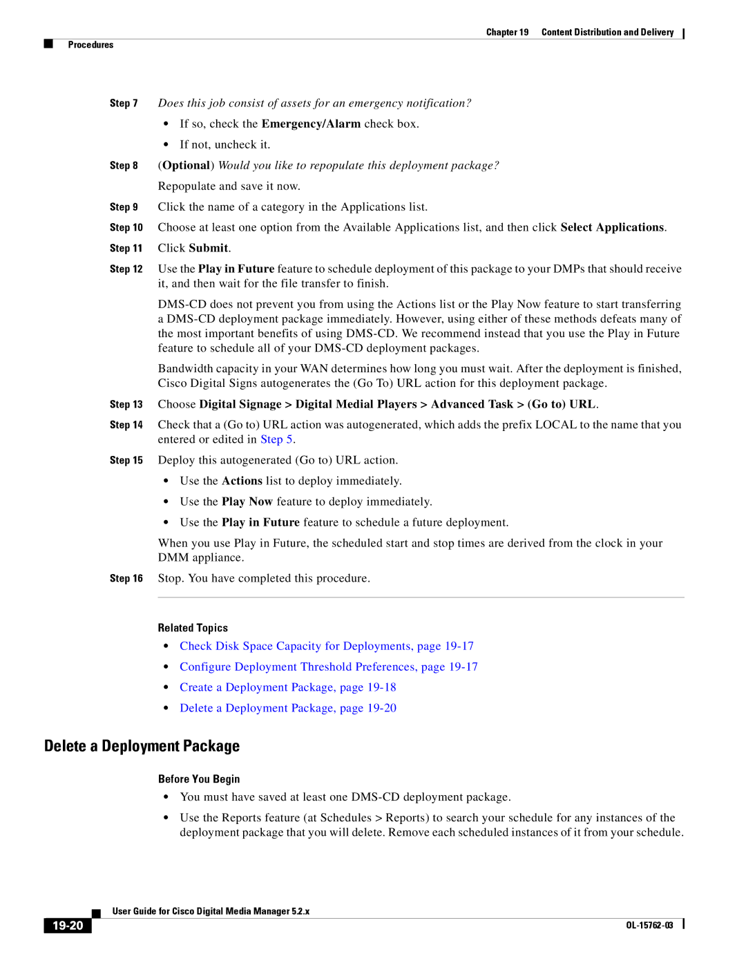 Cisco Systems 5.2.x manual Delete a Deployment Package, 19-20 