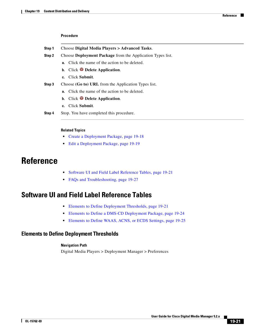 Cisco Systems 5.2.x manual Software UI and Field Label Reference Tables, Elements to Define Deployment Thresholds, 19-21 