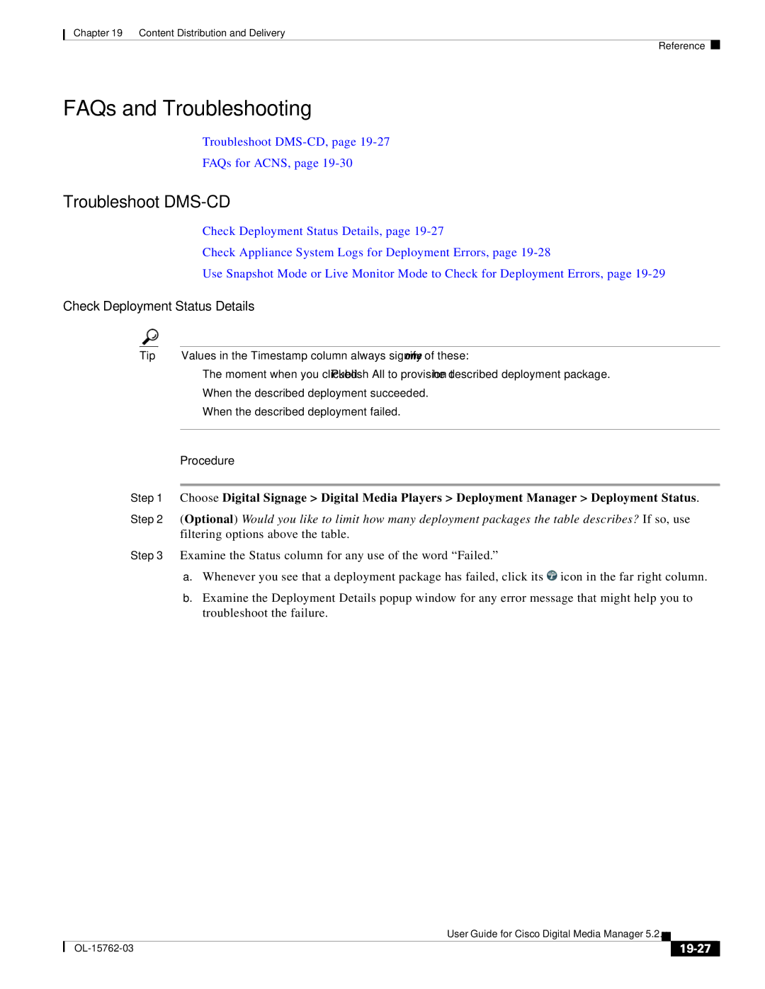 Cisco Systems 5.2.x manual Troubleshoot DMS-CD, Check Deployment Status Details, 19-27 