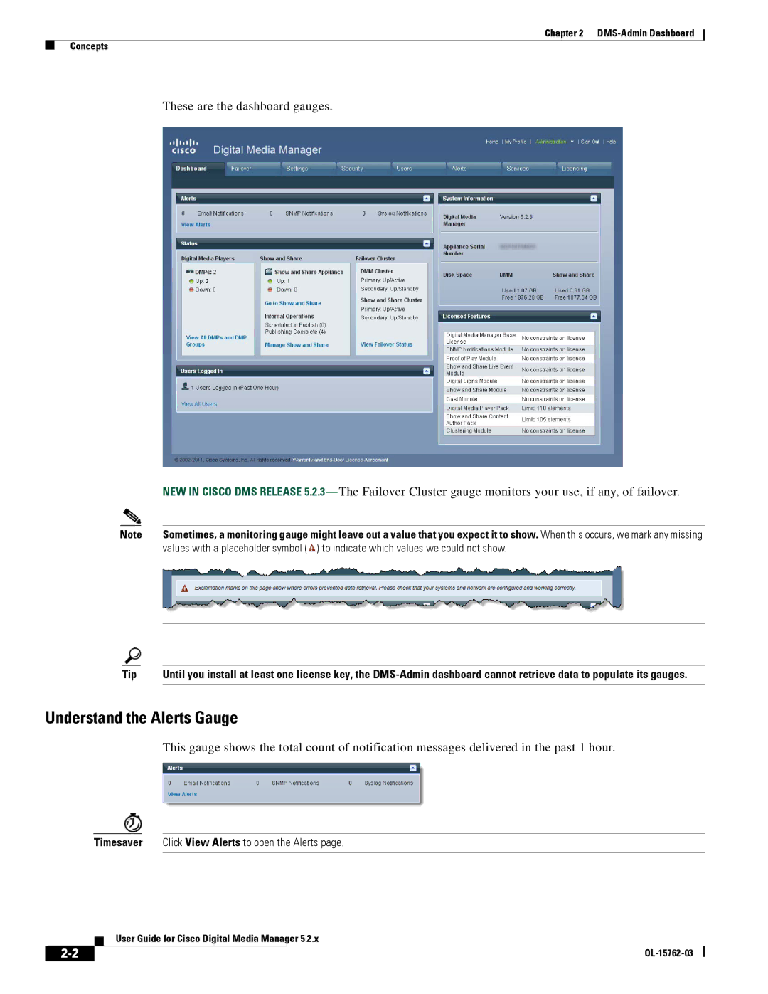 Cisco Systems 5.2.x manual Understand the Alerts Gauge, These are the dashboard gauges, Tip 