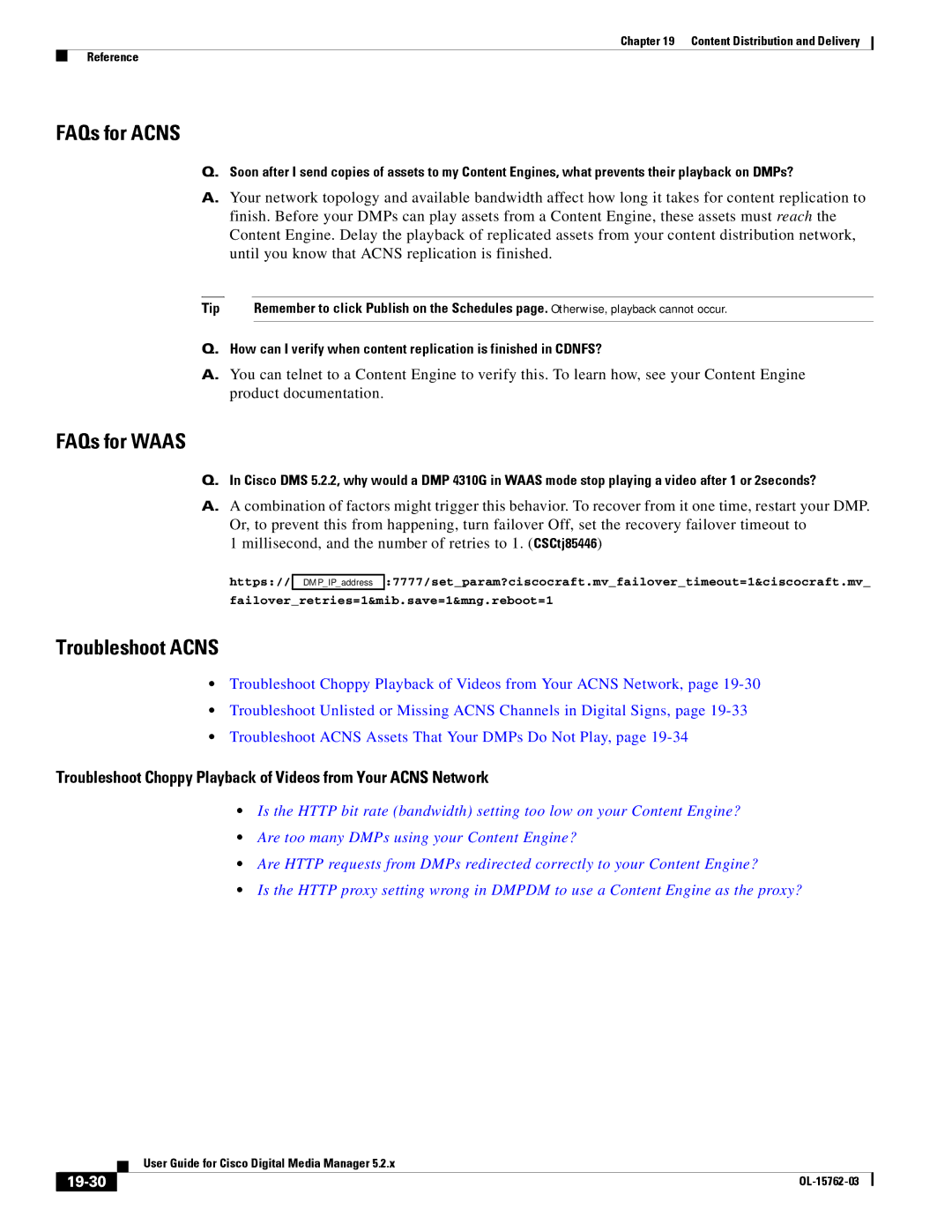 Cisco Systems 5.2.x manual FAQs for Acns, FAQs for Waas, Troubleshoot Acns, 19-30 