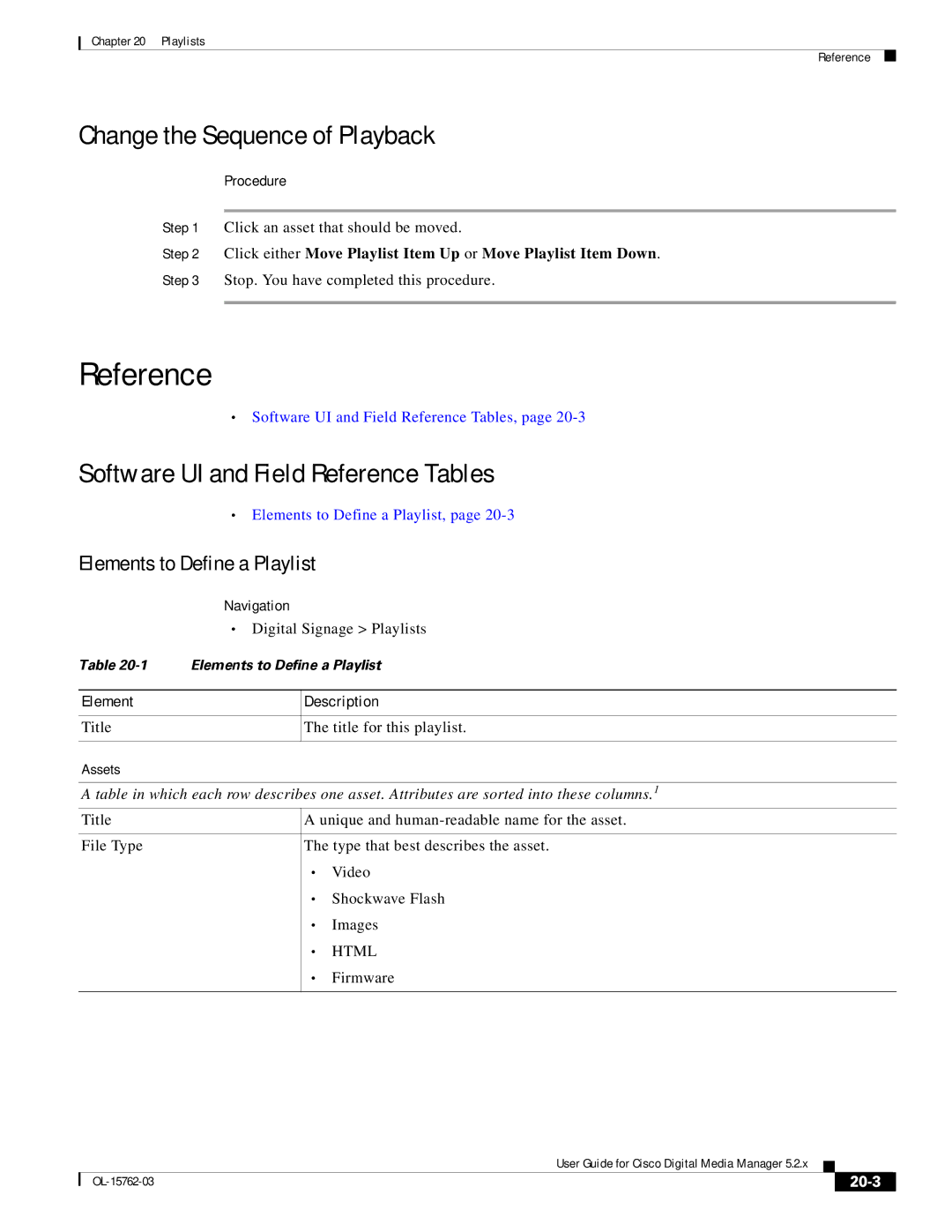 Cisco Systems 5.2.x manual Change the Sequence of Playback, Elements to Define a Playlist, Navigation, 20-3 