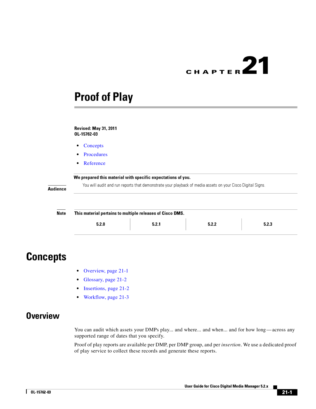 Cisco Systems 5.2.x manual Proof of Play, 21-1 