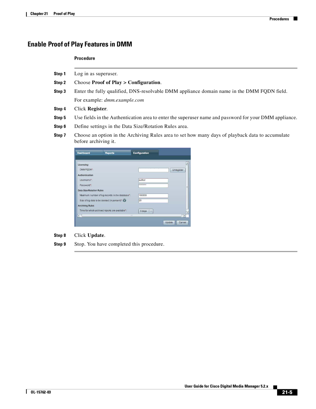 Cisco Systems 5.2.x manual Enable Proof of Play Features in DMM, Choose Proof of Play Configuration, Click Register, 21-5 