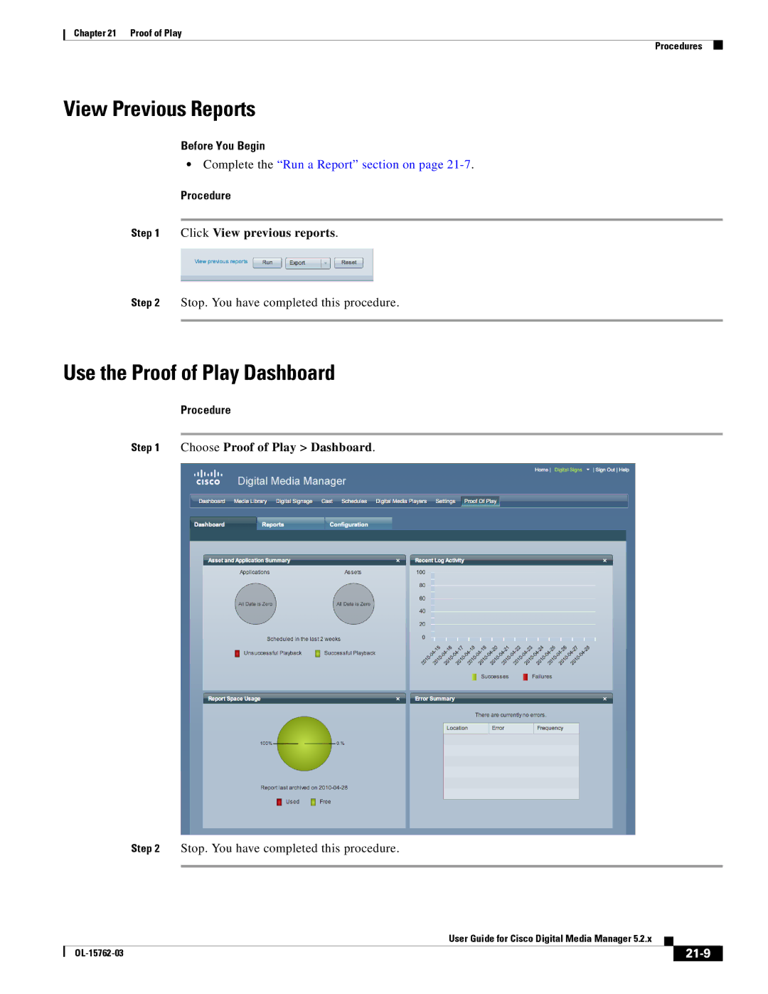 Cisco Systems 5.2.x manual View Previous Reports, Use the Proof of Play Dashboard, Click View previous reports, 21-9 