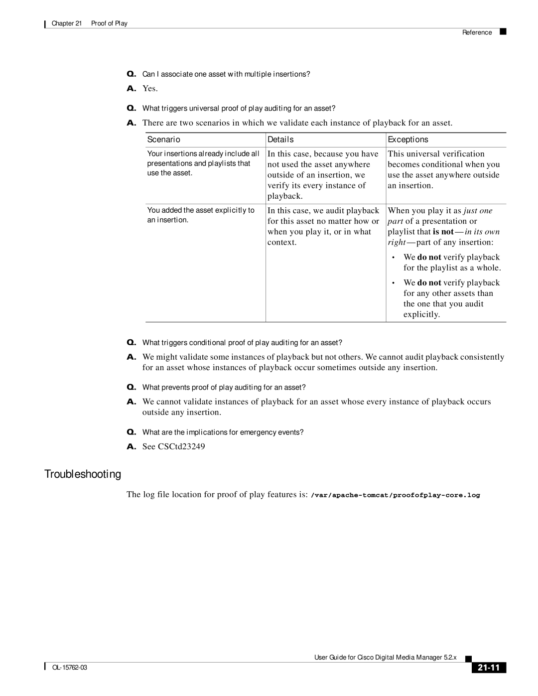 Cisco Systems 5.2.x manual Troubleshooting, Scenario Details Exceptions, 21-11 