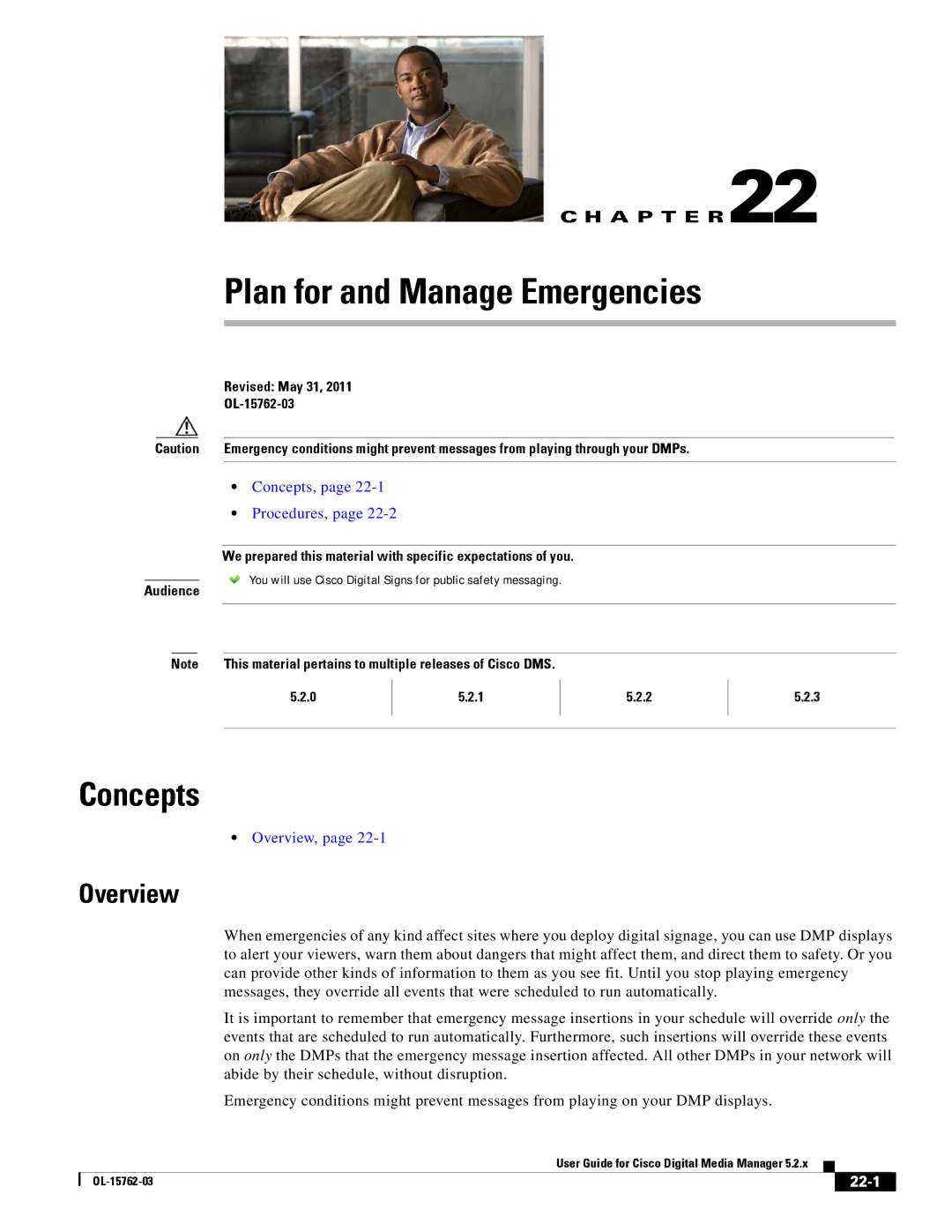 Cisco Systems 5.2.x manual Plan for and Manage Emergencies, 22-1 