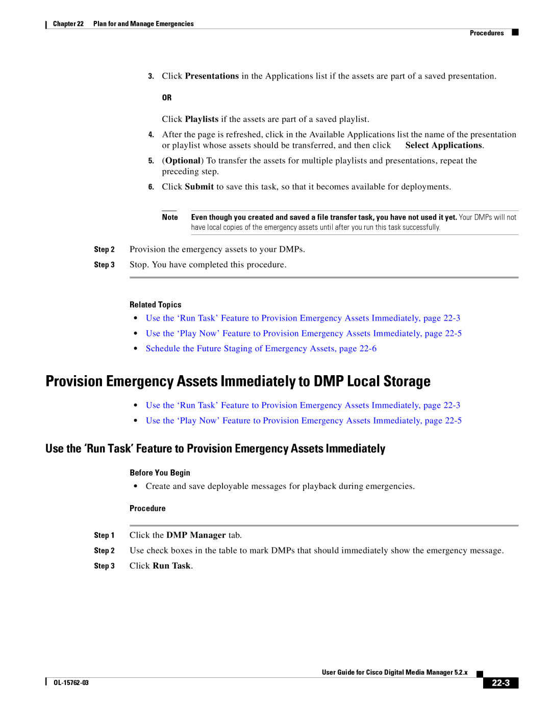 Cisco Systems 5.2.x manual Provision Emergency Assets Immediately to DMP Local Storage, 22-3 