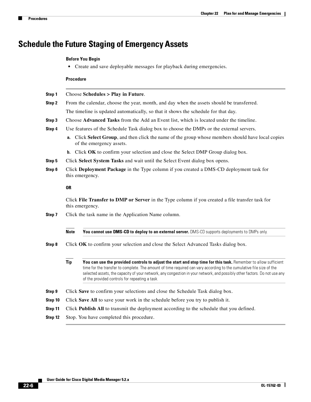 Cisco Systems 5.2.x manual Schedule the Future Staging of Emergency Assets, 22-6 