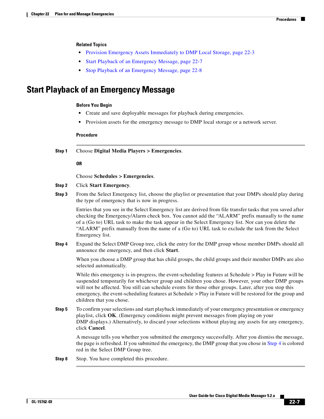 Cisco Systems 5.2.x manual Start Playback of an Emergency Message, 22-7 