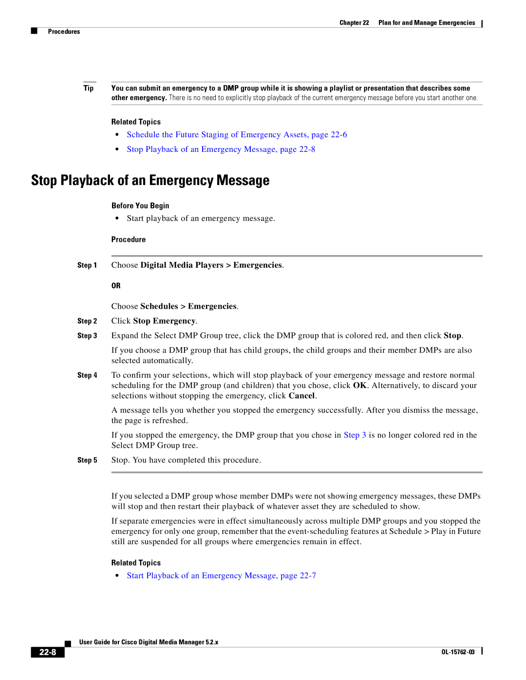 Cisco Systems 5.2.x manual Stop Playback of an Emergency Message, Start playback of an emergency message, 22-8 