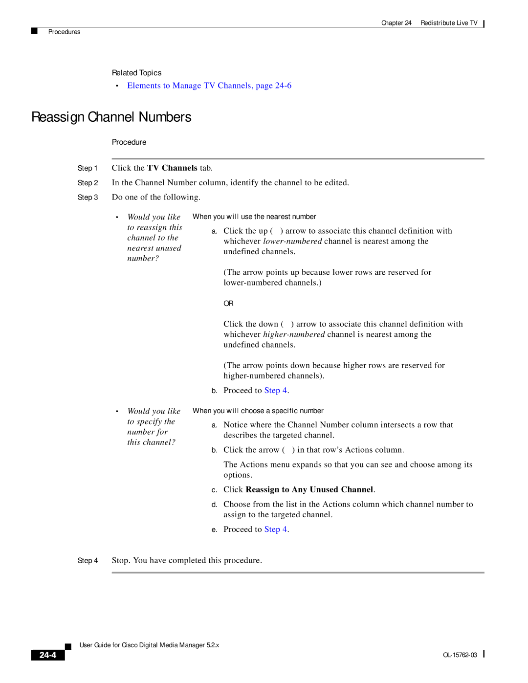 Cisco Systems 5.2.x manual Reassign Channel Numbers, Would you like to specify the number for this channel?, 24-4 