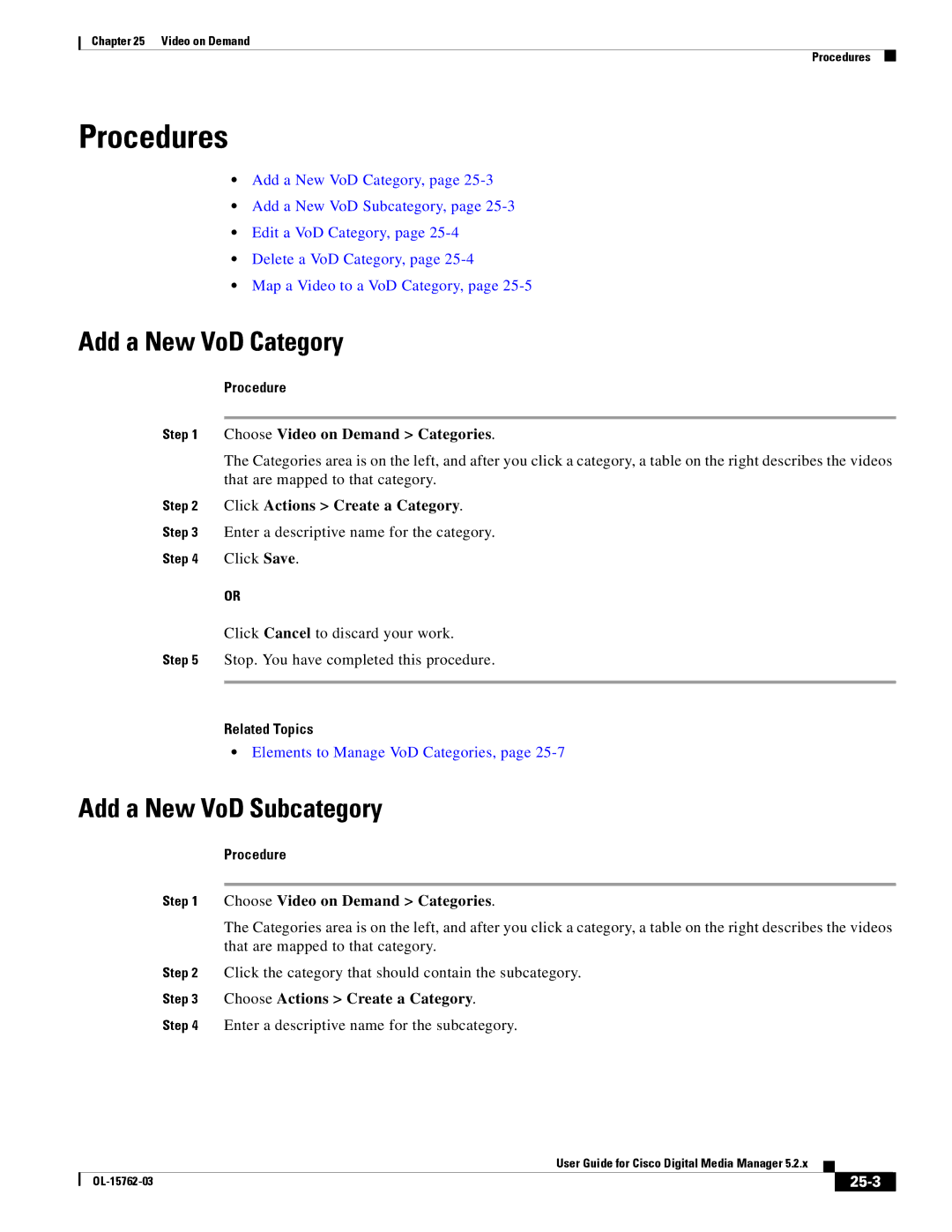 Cisco Systems 5.2.x manual Add a New VoD Category, Add a New VoD Subcategory, 25-3 