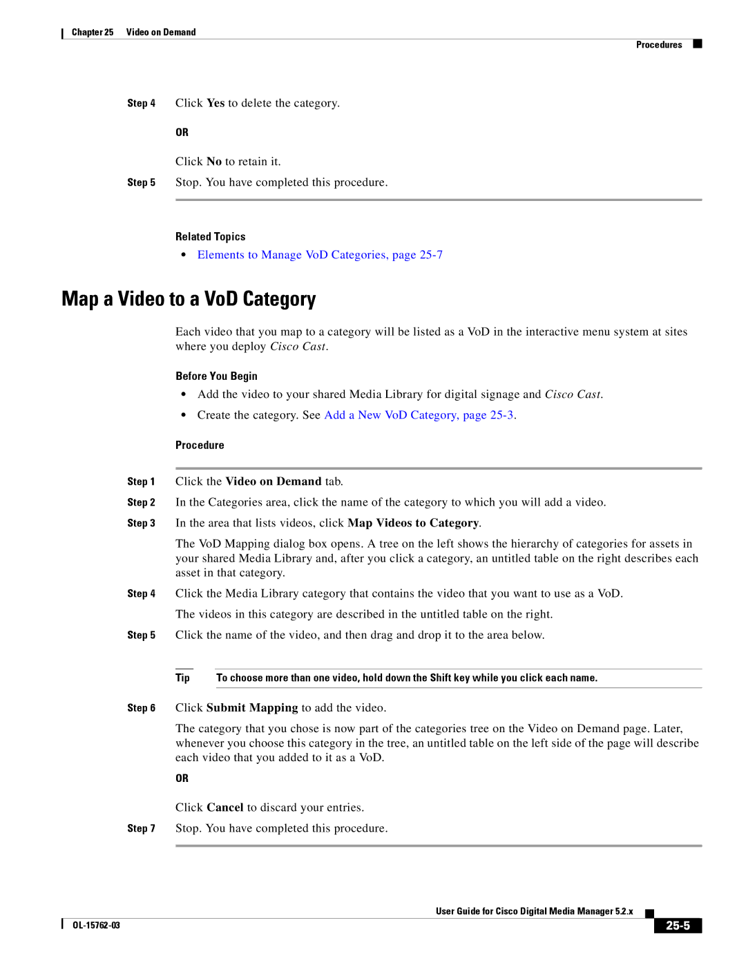 Cisco Systems 5.2.x manual Map a Video to a VoD Category, Click the Video on Demand tab, 25-5 