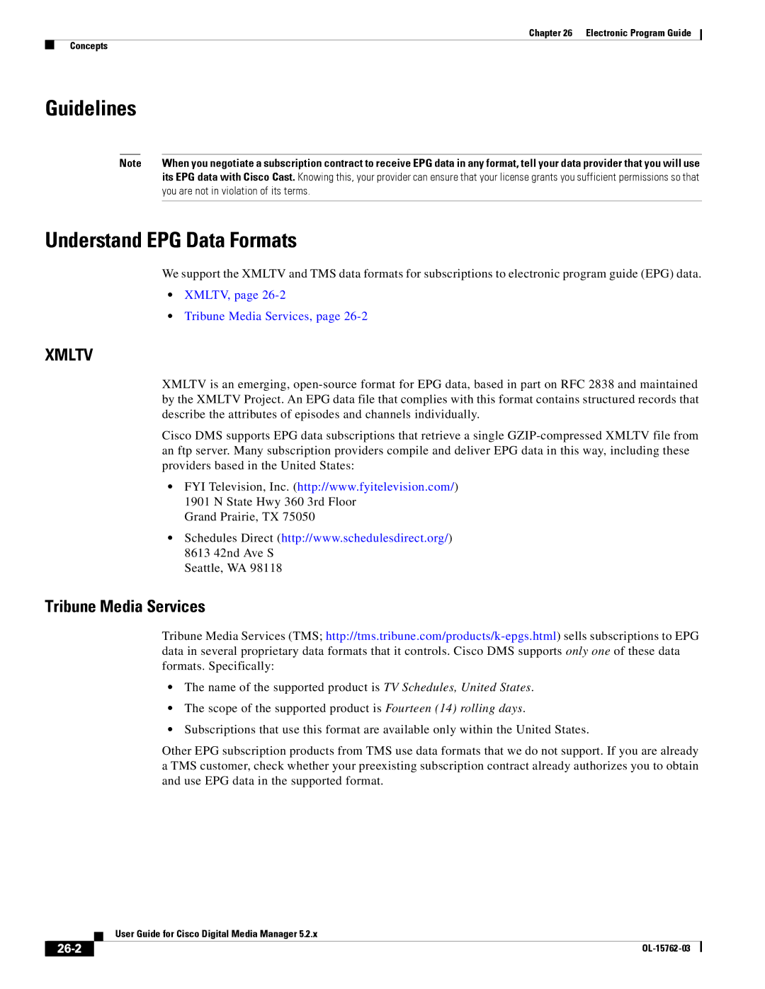 Cisco Systems 5.2.x manual Understand EPG Data Formats, Tribune Media Services, 26-2, You are not in violation of its terms 