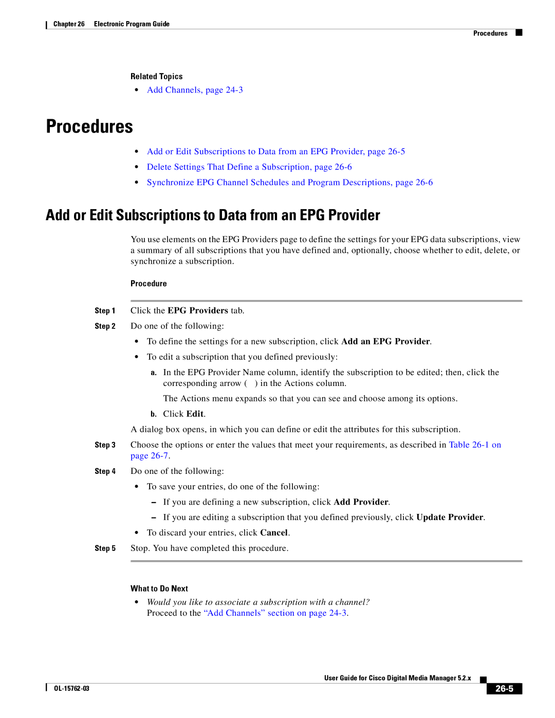 Cisco Systems 5.2.x manual Add or Edit Subscriptions to Data from an EPG Provider, 26-5 