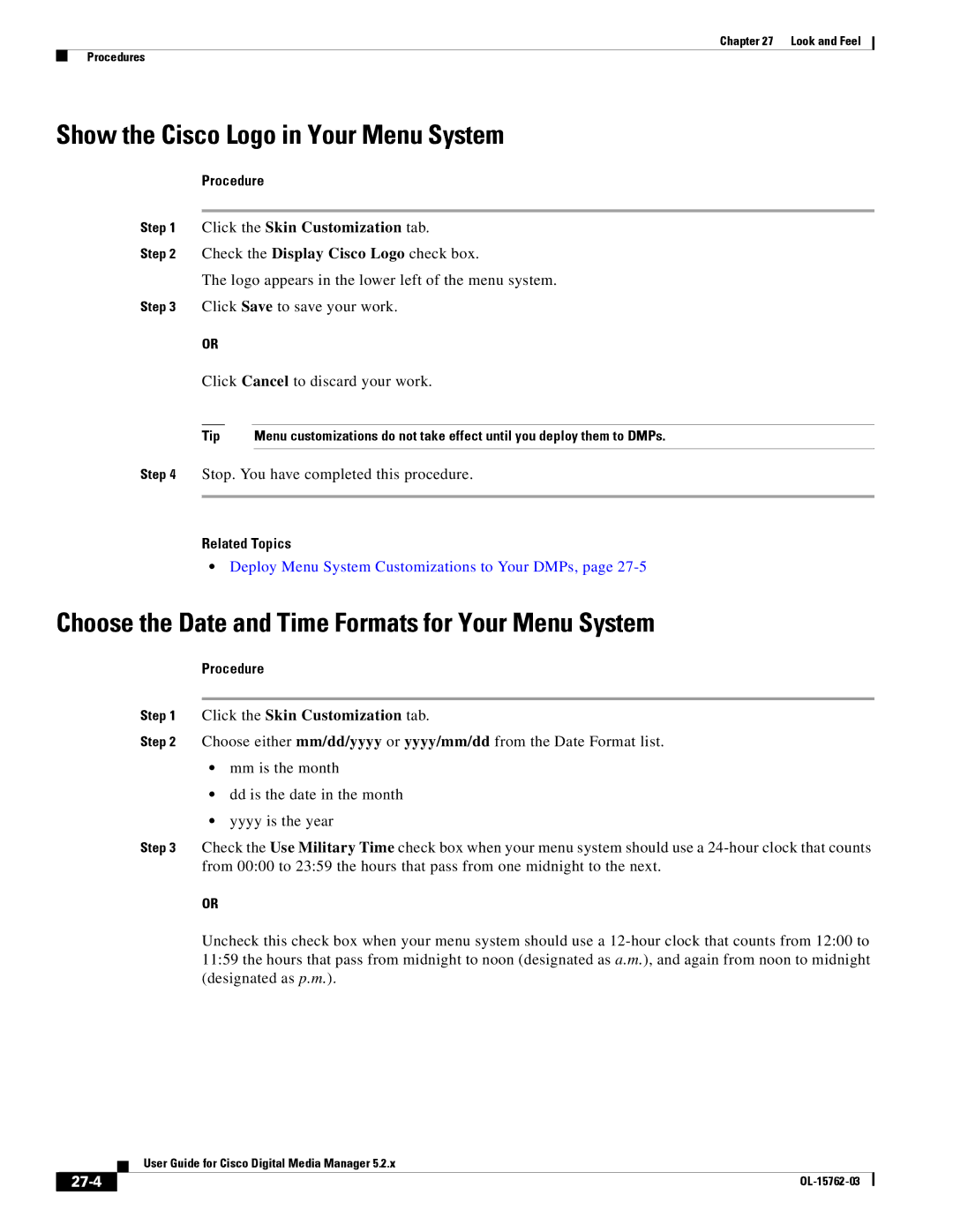 Cisco Systems 5.2.x Show the Cisco Logo in Your Menu System, Choose the Date and Time Formats for Your Menu System, 27-4 