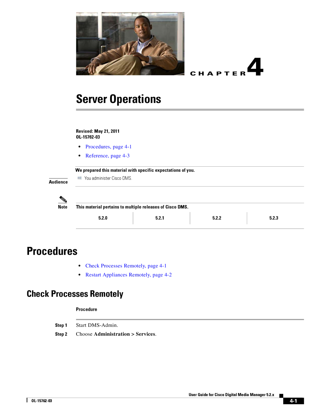 Cisco Systems 5.2.x manual Server Operations, Check Processes Remotely, Choose Administration Services 