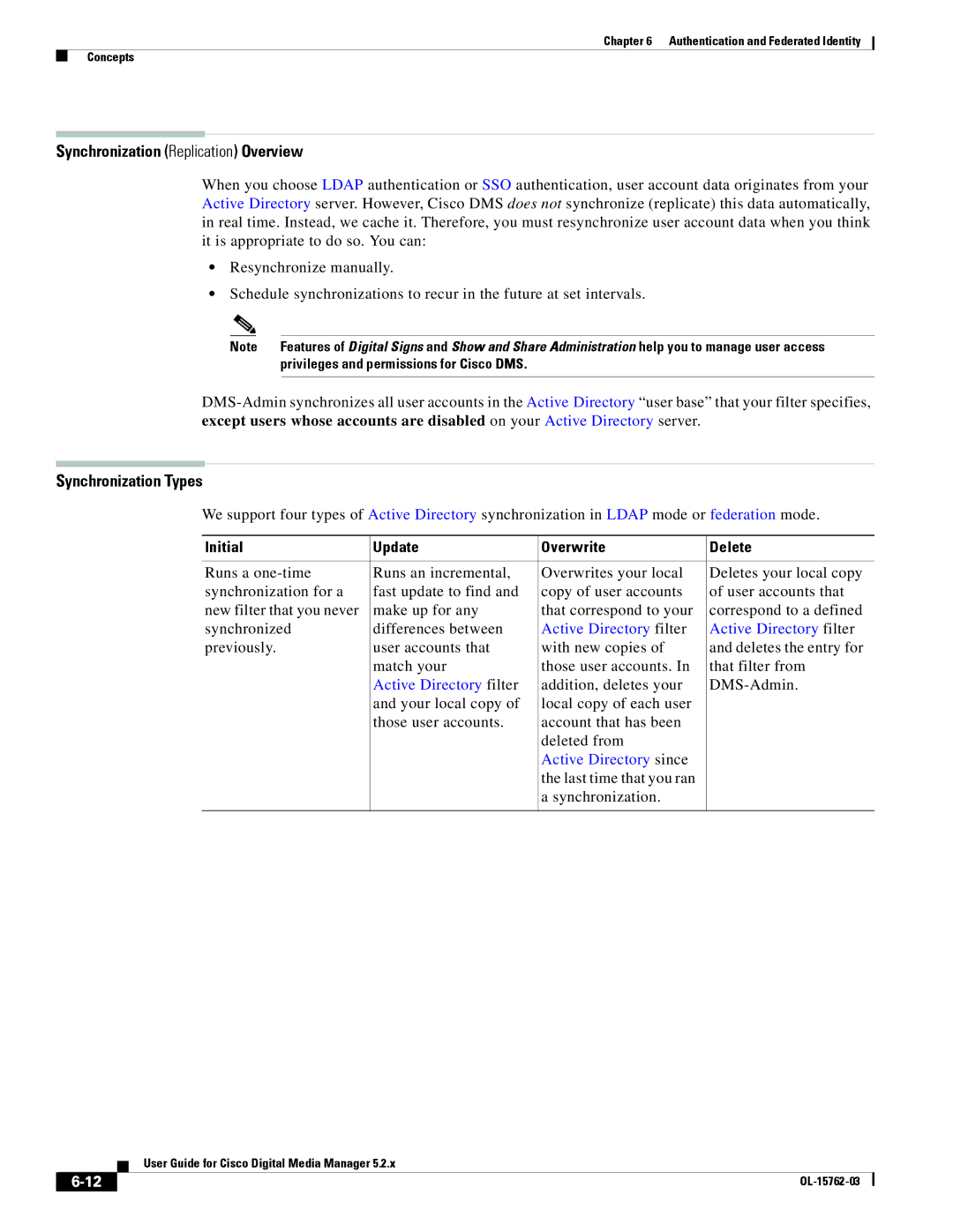 Cisco Systems 5.2.x manual Synchronization Replication Overview, Synchronization Types, Initial Update Overwrite Delete 