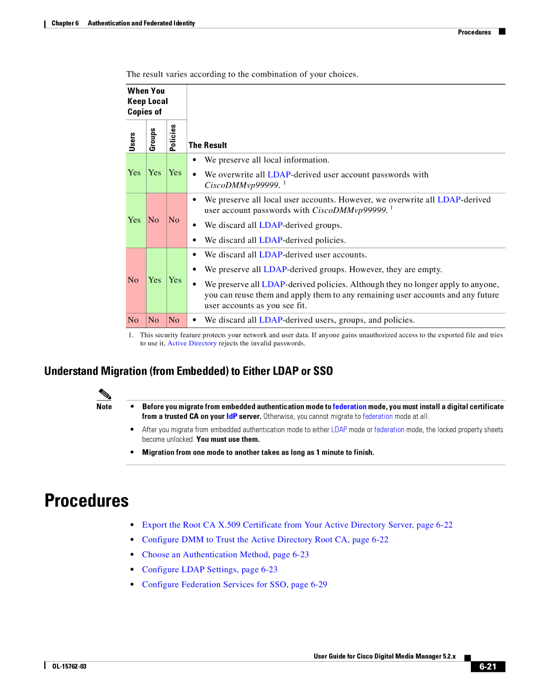 Cisco Systems 5.2.x Understand Migration from Embedded to Either Ldap or SSO, Keep Local Copies, Result, CiscoDMMvp99999 