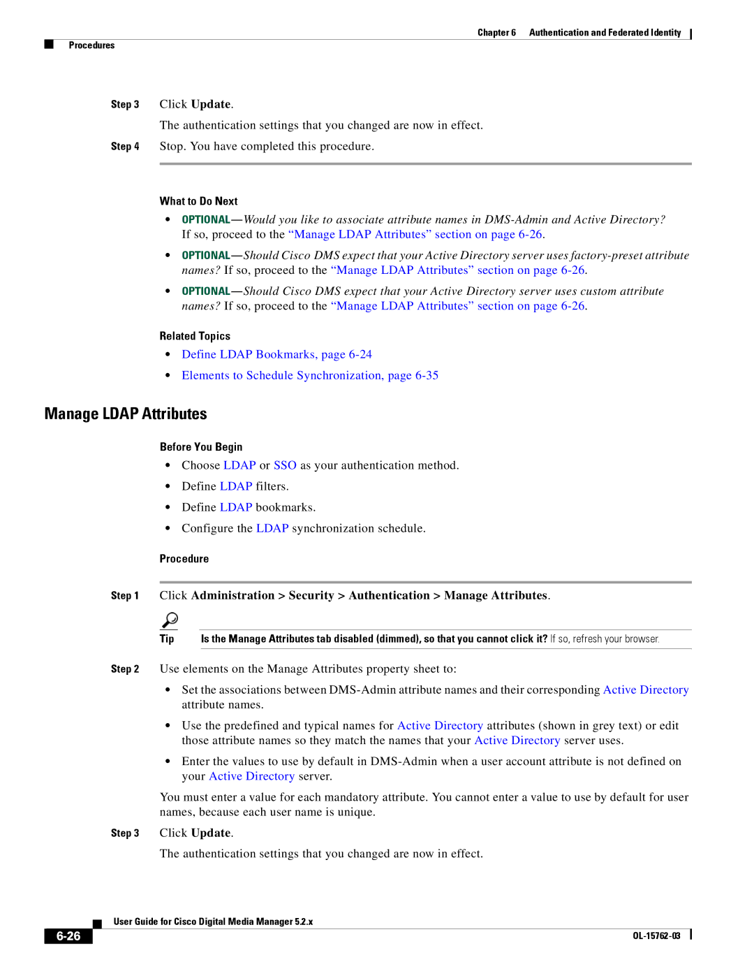 Cisco Systems 5.2.x manual Manage Ldap Attributes, Click Update 