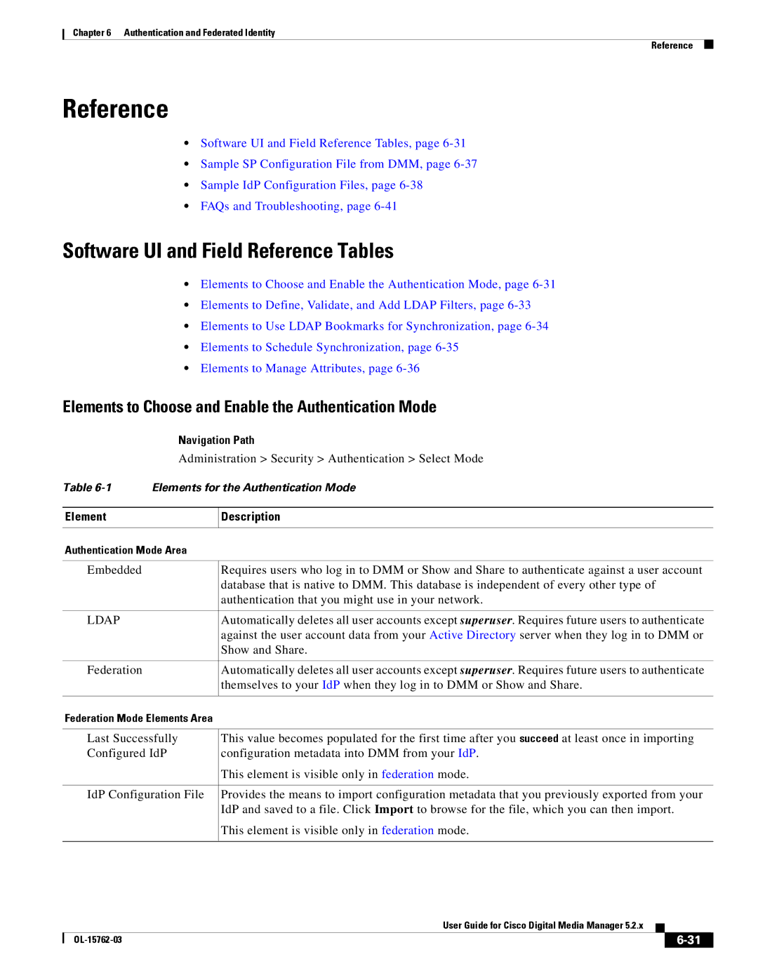 Cisco Systems 5.2.x manual Software UI and Field Reference Tables, Elements to Choose and Enable the Authentication Mode 