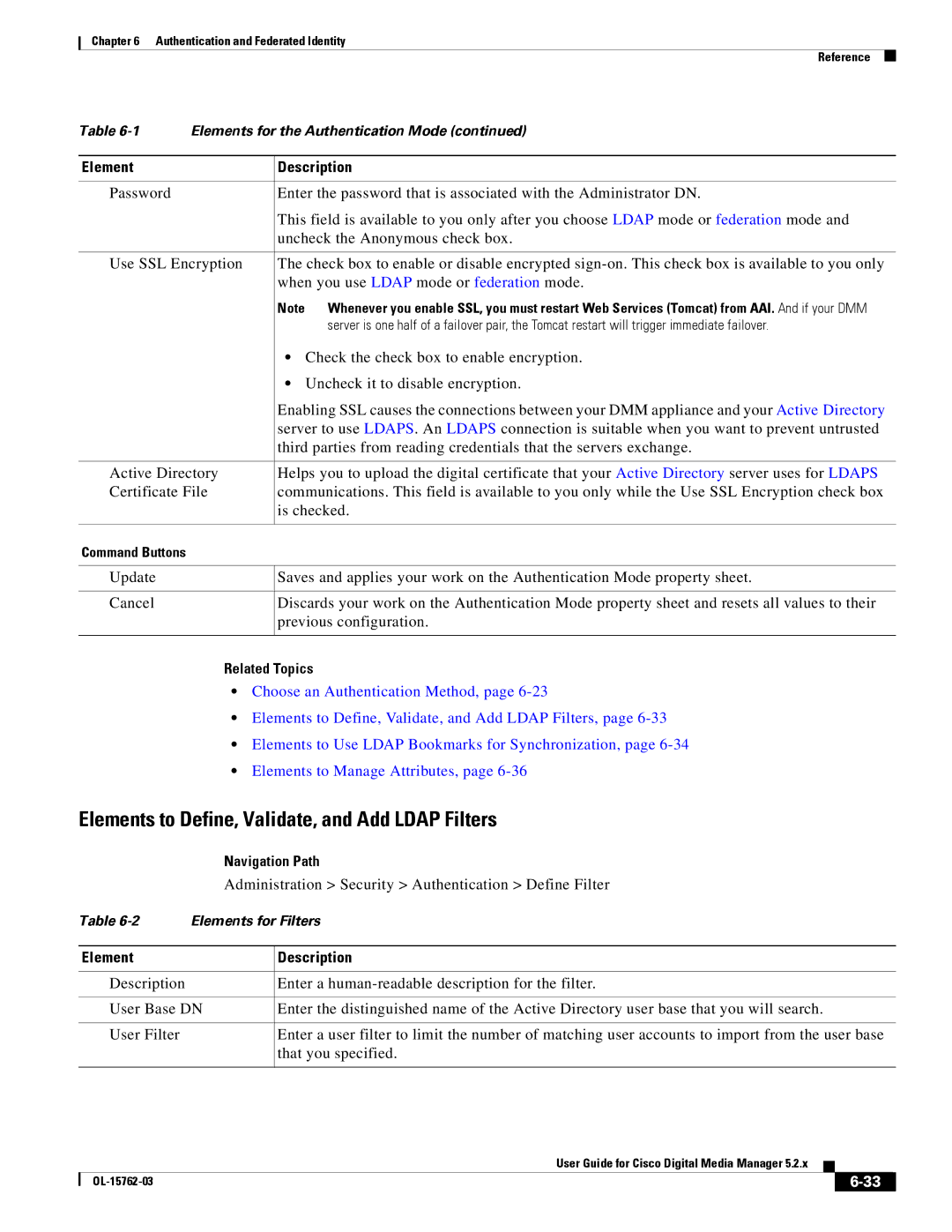 Cisco Systems 5.2.x manual Elements to Define, Validate, and Add Ldap Filters, Check the check box to enable encryption 