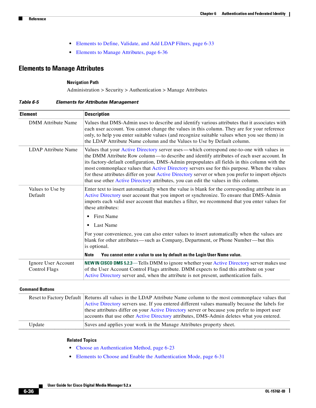 Cisco Systems 5.2.x manual Elements to Manage Attributes, Administration Security Authentication Manage Attributes 