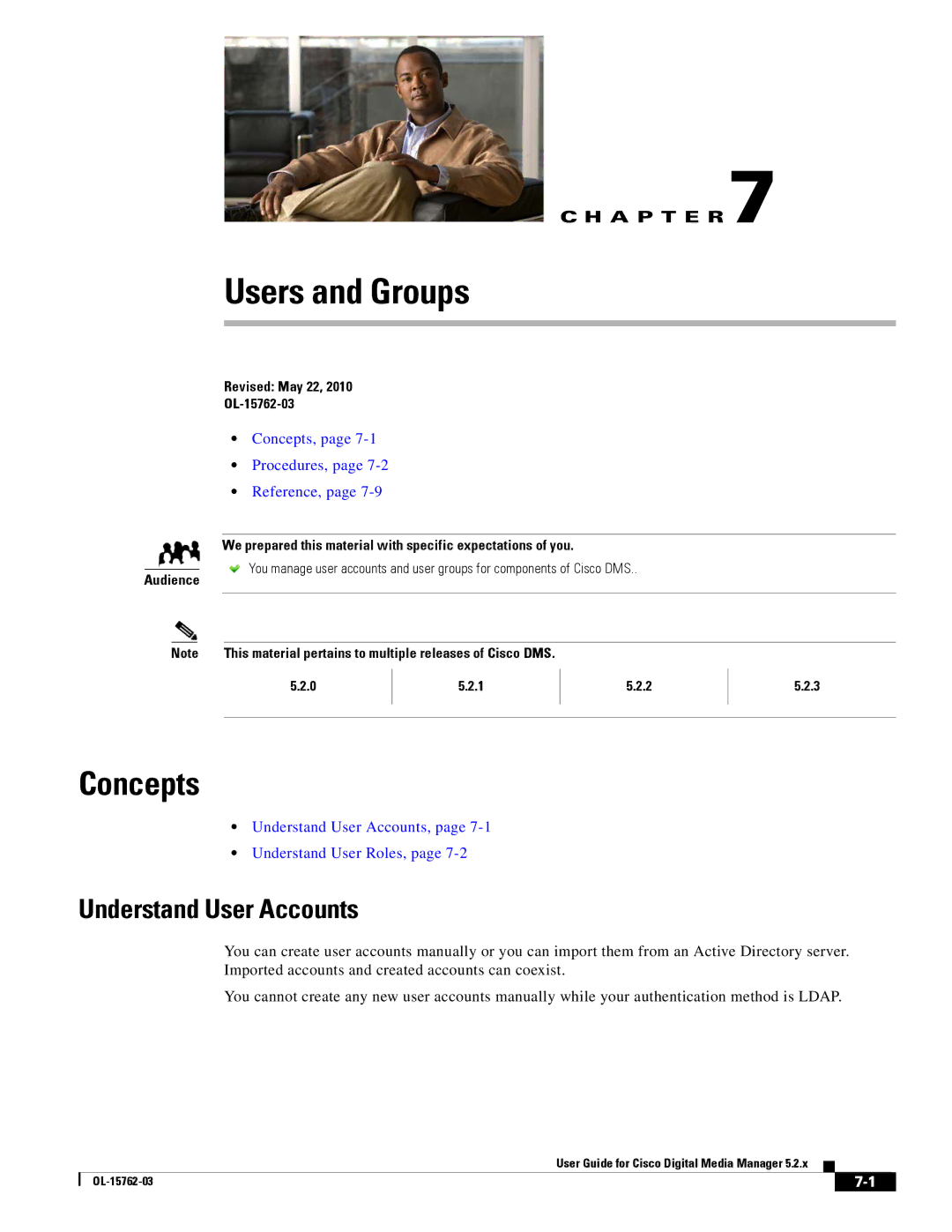 Cisco Systems 5.2.x manual Users and Groups, Understand User Accounts, Audience Revised May 22 OL-15762-03 