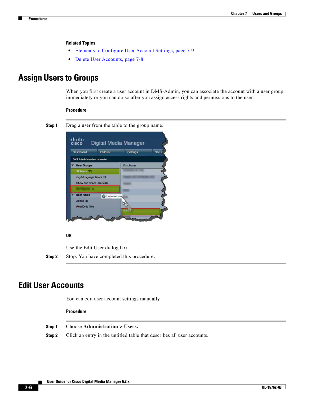 Cisco Systems 5.2.x Assign Users to Groups, Edit User Accounts, You can edit user account settings manually 