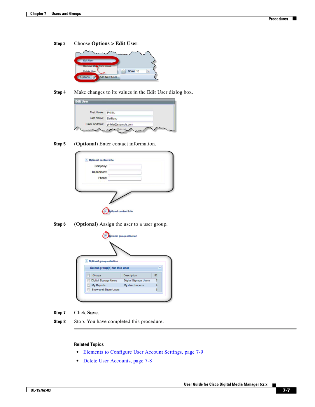 Cisco Systems 5.2.x manual Choose Options Edit User 