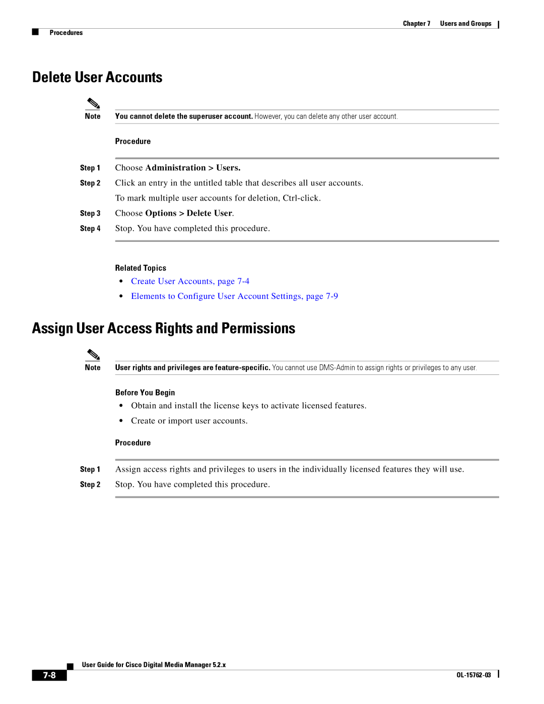 Cisco Systems 5.2.x manual Delete User Accounts, Assign User Access Rights and Permissions, Choose Options Delete User 