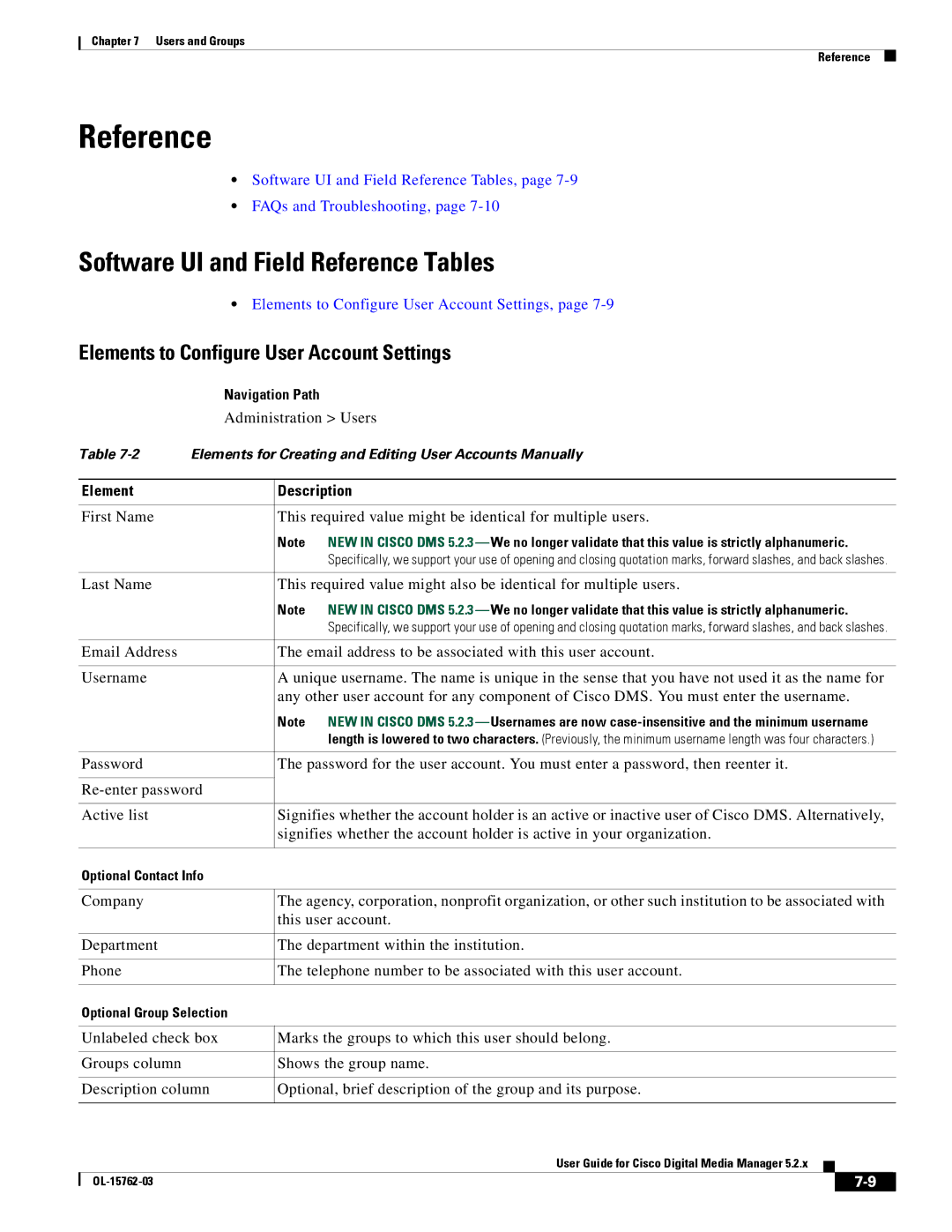 Cisco Systems 5.2.x manual Elements to Configure User Account Settings, Administration Users, Optional Contact Info 